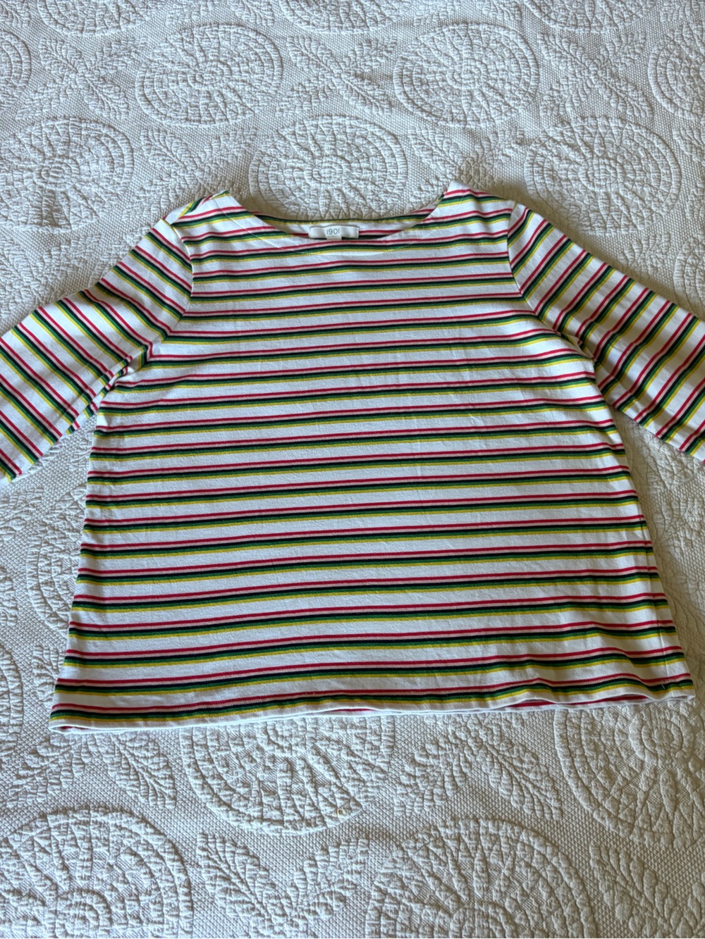 1901 Striped 3/4 Sleeve Crewneck Top in White, Green & Pink